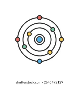 Minimalist flat style illustration of a solar system diagram. The colorful planets orbit a central point on black.