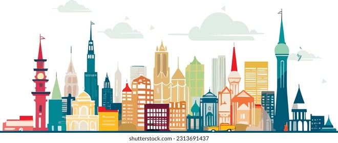 Minimalist Flat Style Illustrations of Urban Skylines and Landmarks. Wide city front perspective view