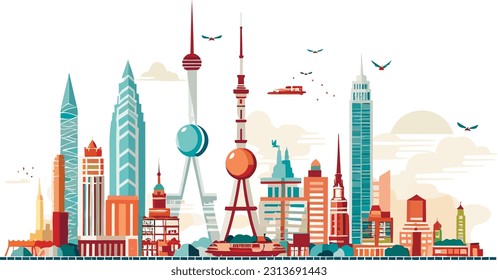 Minimalist Flat Style Illustrations of Urban Skylines and Landmarks. Wide city front perspective view