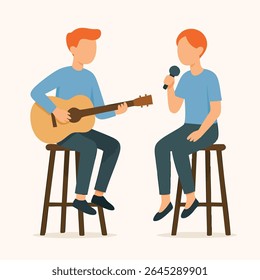 Músicos minimalistas de estilo plano tocando música com ilustração de guitarra e microfone