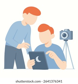 Minimalist Flat Style People with Tablet and Camera Icon Illustration