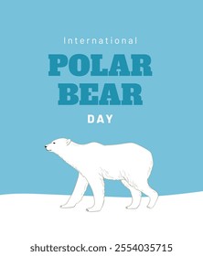 Minimalist flat style poster or banner design with walking polar bear illustration. International Polar Day greeting card. Vector template in blue and white colors