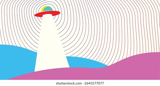 Minimalist flat style of UFO with the light that shines on desert with psychedelic sky. Abstract nature background, wallpaper, backdrop, scenic vector illustration