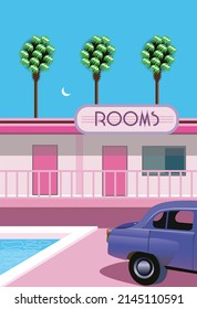 Minimalist flat style vector illustration of a summer tropical landscape with retro car standing next to the swimming pool by the pink road motel against the background of palm trees and blue sky