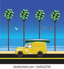 Minimalist flat style vector illustration of a summer tropical landscape with retro van standing by the ocean beach against the background of palm trees and 1930's biplane in blue sky, city pop art