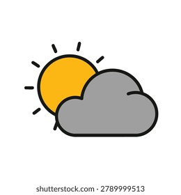 A minimalist flat style weather icon featuring a yellow sun partially obscured by a grey cloud with bold black outlines on a white background