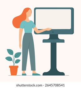Minimalist Flat Style Woman Presenting on Monitor Screen Illustration