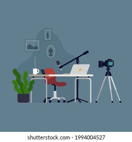 Minimalist Flat Styled Vector Illustration On Video Blogger Or Streamer Workplace With Working Desk Equipped With Laptop, Shooting Camera And Professional Microphone. Content Producer Concept Visual