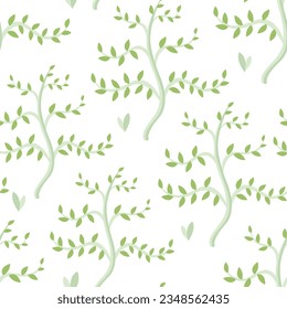 Minimalist flat summer trees pattern with green little leaves on white background. Organic forest concept. Vector simple illustration.