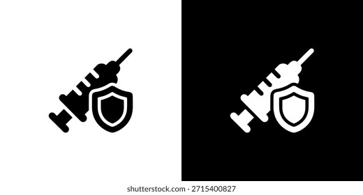 Jeringa plana minimalista e icono de escudo para el concepto de protección médica