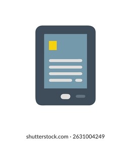 A minimalist flat tablet icon displaying placeholder text and a button on a light blue screen against a black backdrop.