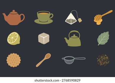 Minimalist Flat Tea Icon Set, Organic Teapot Cup Tea Bag Kettle Vector Elements
