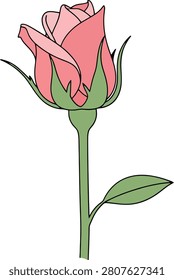 Minimalist Flat Two Dimensional Rose Bud Beginning to Bloom With Clean Outlines Isolated on a Pure White Background