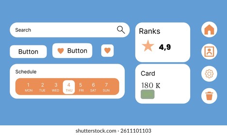 Minimalist flat UI kit with modern elements like search bars, buttons, rating cards, and schedule UI on a blue background for mobile , web apps.