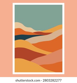Minimalist flat vector abstract landscape illustration of hills, ocean, and crescent moon in boho style.