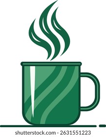 Minimalist flat vector art of a steaming coffee mug in green color