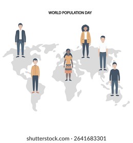 Minimalist flat vector art for World Population Day, showing diverse people united globally. Clean lines, no overlap, on a white background, symbolizing unity and global population awareness. Jul 11