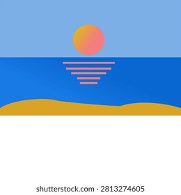 Minimalist flat vector beach sunset illustration with geometric sun ocean wave reflection and copy space poster backdrop