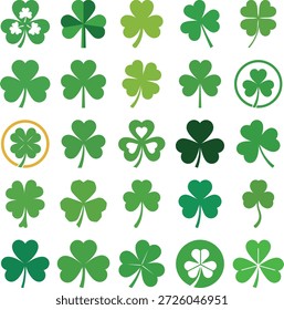 Colección minimalista de Vector plano de trébol verde y afortunados íconos de trébol de cuatro hojas para la celebración del Día de San Patricio.