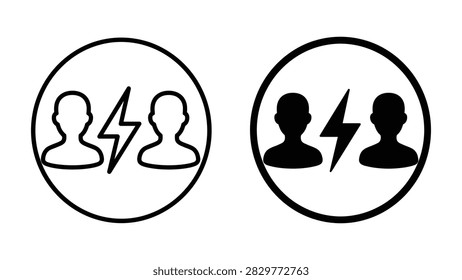 Minimalist flat vector conflict icons showing two human silhouettes with lightning bolt symbol representing disagreement, tension, rivalry, or interpersonal clash concept