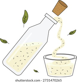 Um vetor plano minimalista de um curativo branco cremoso, como rancho ou molho de alho, derramando de uma garrafa de vidro em uma pequena tigela. Apresenta pequenas manchas de ervas e uma estética limpa e moderna.