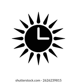 A minimalist flat vector design showing a black sun icon with clock hands indicating time isolated on white. Simple conceptual element.