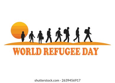 Minimalist flat vector of diverse refugees walking toward a bright sunrise, symbolizing hope, unity, and new beginnings. "World Refugee Day" text on white background. Ideal for awareness designs.