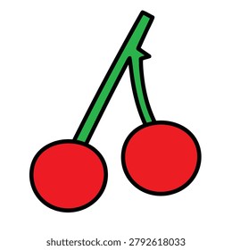 A minimalist flat vector drawing featuring two bright red cherry fruits attached to a single green stem isolated on a white background