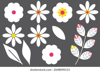 Minimalist flat vector flower set on dark gray background, featuring white daisy flowers and multicolored stylized leaves.