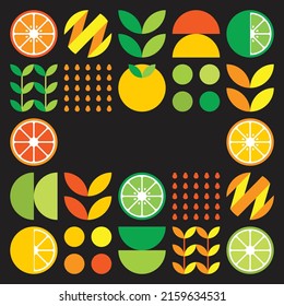 Minimalist flat vector frame in citrus fruit symbol. Simple geometric illustration of oranges, lemons, lemonade and leaves. Abstract orange design on black background. Good for posters or banners.