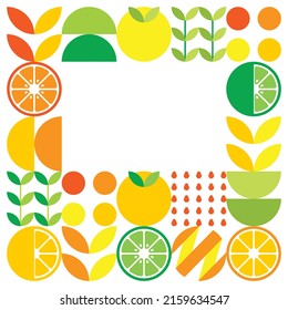 Minimalist flat vector frame in citrus fruit symbol. Simple geometric illustration of oranges, lemons, lemonade and leaves. Abstract orange design on white background. Good for posters or banners.