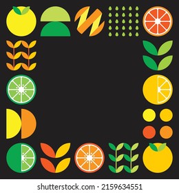 Minimalistische flache Vektorrahmen im Zitrusfruchtsymbol. Einfache geometrische Abbildung von Orangen, Zitronen, Limonade und Blättern. Abstraktes orangefarbenes Design auf schwarzem Hintergrund. Gut für Poster oder Banner.