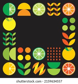 Marco vectorial plano minimalista en símbolo de cítricos. Simple ilustración geométrica de naranjas, limones, limonadas y hojas. Resumen de diseño naranja sobre fondo negro. Bien por afiches o pancartas.