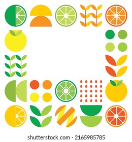 Minimalist flat vector frame in citrus fruit symbol. Simple geometric illustration of oranges, lemons, lemonade and leaves. Abstract orange design on white background. Good for posters or banners.