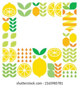 Minimalist flat vector frame, lemon fruit icon symbol. Simple geometric illustration of citrus, oranges, lemonade and leaves. Abstract design on black background. For copy space, social media posts.