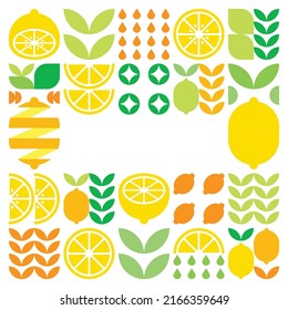 Minimalist flat vector frame, lemon fruit icon symbol. Simple geometric illustration of citrus, oranges, lemonade and leaves. Abstract design on black background. For copy space, social media posts.