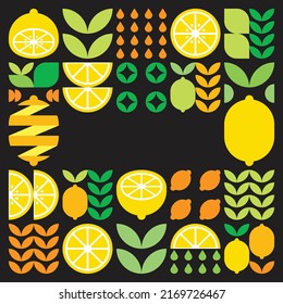 Minimalist flat vector frame, lemon fruit icon symbol. Simple geometric illustration of citrus, oranges, lemonade and leaves. Abstract pattern on black background. For copy space, social media posts.