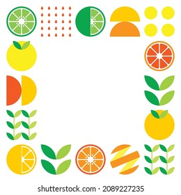 Minimalist flat vector in fruit shape. Simple geometric illustration of oranges and leaves. Abstract orange cut, perfect for frame, background, web, banner, poster or wallpaper.