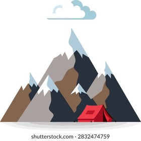 A minimalist flat vector graphic showing a small red camping tent situated at the base of tall craggy mountain peaks with snow caps and a single cloud above.