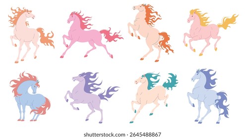 Minimalist flat vector horses in vibrant colors, ideal for 2026 Year of the Horse festive or decorative designs, isolated on white background	