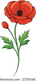 Icono de Vector plano minimalista de una amapola roja floreciente. Diseño botánico adecuado para el Día del Recuerdo, la marca de la naturaleza y elegantes patrones florales.