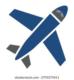A minimalist flat vector icon of a blue airplane viewed from above, isolated on a white background.