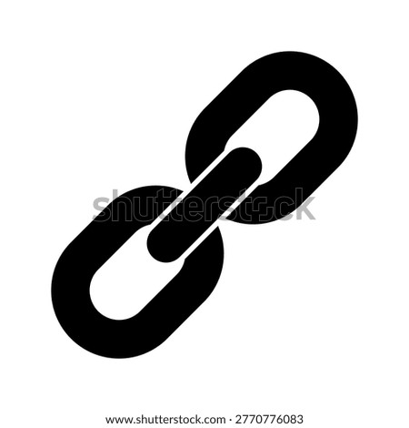 Minimalist flat vector icon of a chain link, representing connection, hyperlink, URL, and linking concept in digital communication. Black silhouette isolated on white background.