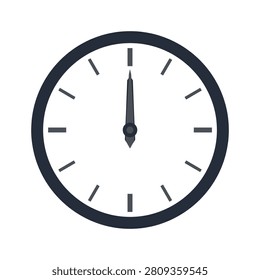 A minimalist flat vector icon of a clock face with hands pointing to twelve o'clock midnight.