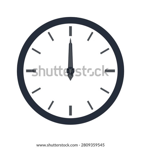 A minimalist flat vector icon of a clock face with hands pointing to twelve o'clock midnight.
