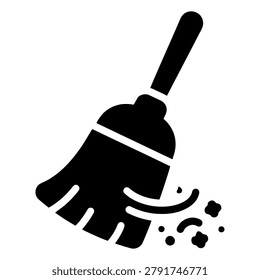A minimalist flat vector icon depicting a household broom cleaning dust particles and debris from a surface.