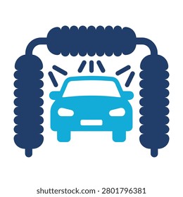 A minimalist flat vector icon depicting a car being cleaned inside an automated car wash facility.