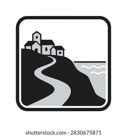 A minimalist flat vector icon depicting a scenic coastal village with a winding path leading toward the ocean, ideal for travel, navigation, and location signage.