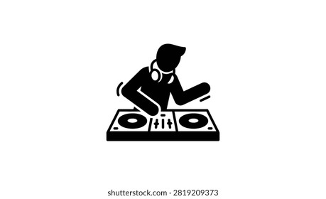 Minimalist flat vector icon of a disc jockey wearing headphones and operating a music mixing console with turntables