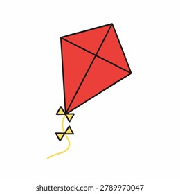 A minimalist flat vector icon featuring a vibrant red kite with yellow decorative bows on a string, isolated on a white background.